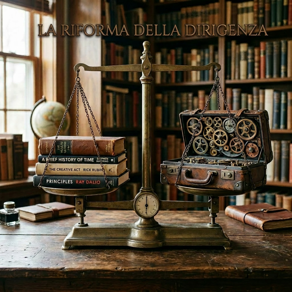Vintage balance scale with books on one side and a case of mechanical gears on the other