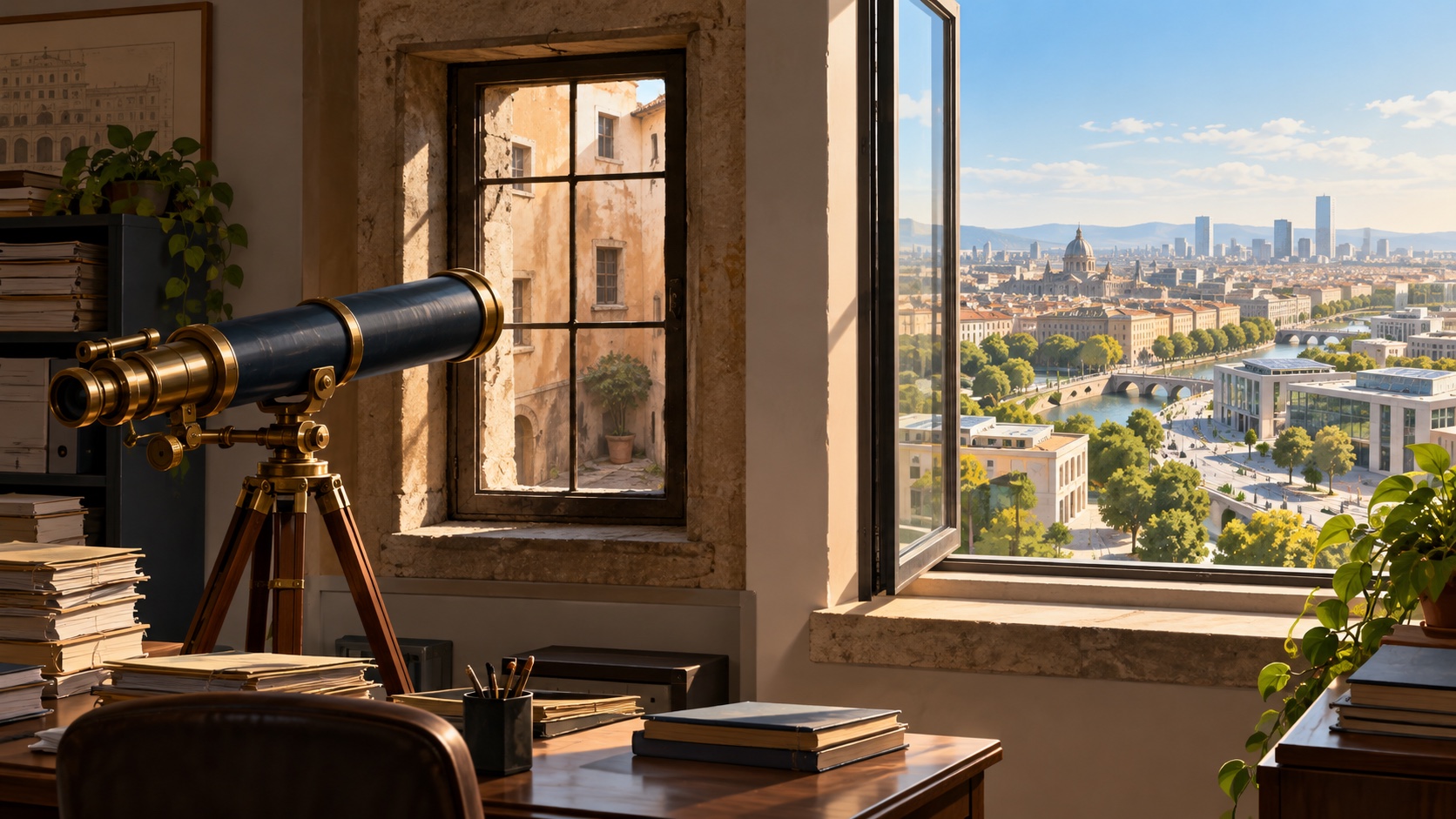 Un telescopio puntato verso un cortile chiuso, mentre da una finestra aperta si vede la città: metafora dell'intelligenza artificiale nella pubblica amministrazione.